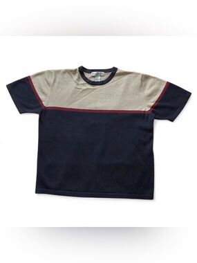 Vintage DRESSBARN Striped Crew Neck Short Sleeve Sweater | M | Navy, Tan, Red
